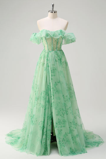 Floral Green Off the Shoulder A Line Corset Long Prom Dress with Slit
